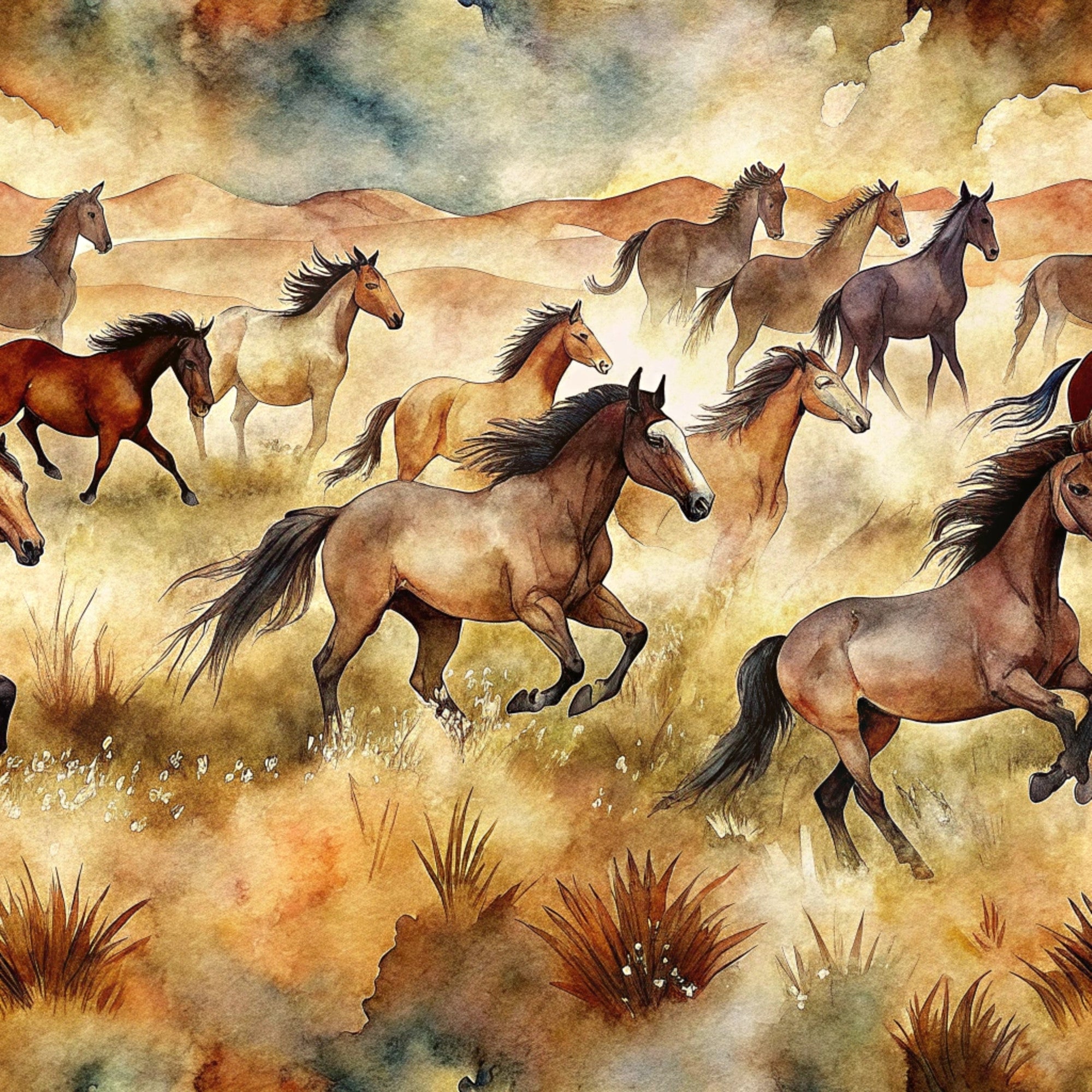 wild horses, running horses, watercolor style, brown tones, tan colors, cream shades, rust orange, dusty blue, desert landscape, prairie scene, flowing manes, galloping motion, western theme, earthy palette, grass tufts, rolling hills, dramatic sky,, fabric panel, equestrian motif