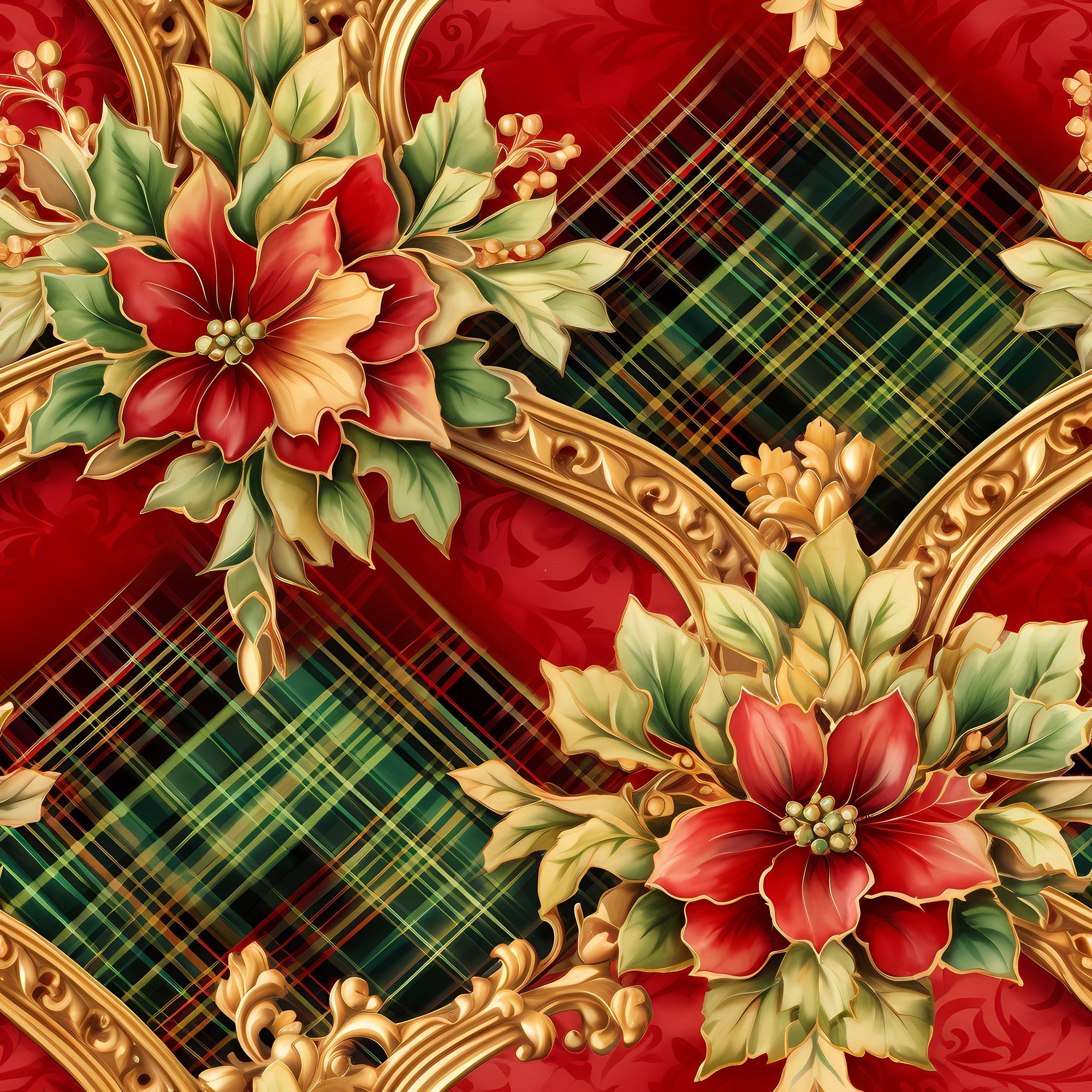 red, green, gold, christmas, floral, poinsettias, plaid, tartan, ornate scrollwork, baroque flourishes, holiday flowers,, fabric panel, festive, seasonal, decorative blooms, checkered pattern, rich colors, elegant design, winter florals