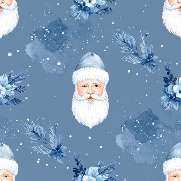 dusty blue, slate blue, white, winter blue, santa face, santa claus, christmas, holiday, snowflakes, frost, winter florals, blue flowers, pine branches, evergreen, watercolor, whimsical, festive, jolly, seasonal, christmas decor, kids room, nursery, playroom, winter theme, snowy, magical, traditional christmas, vintage santa