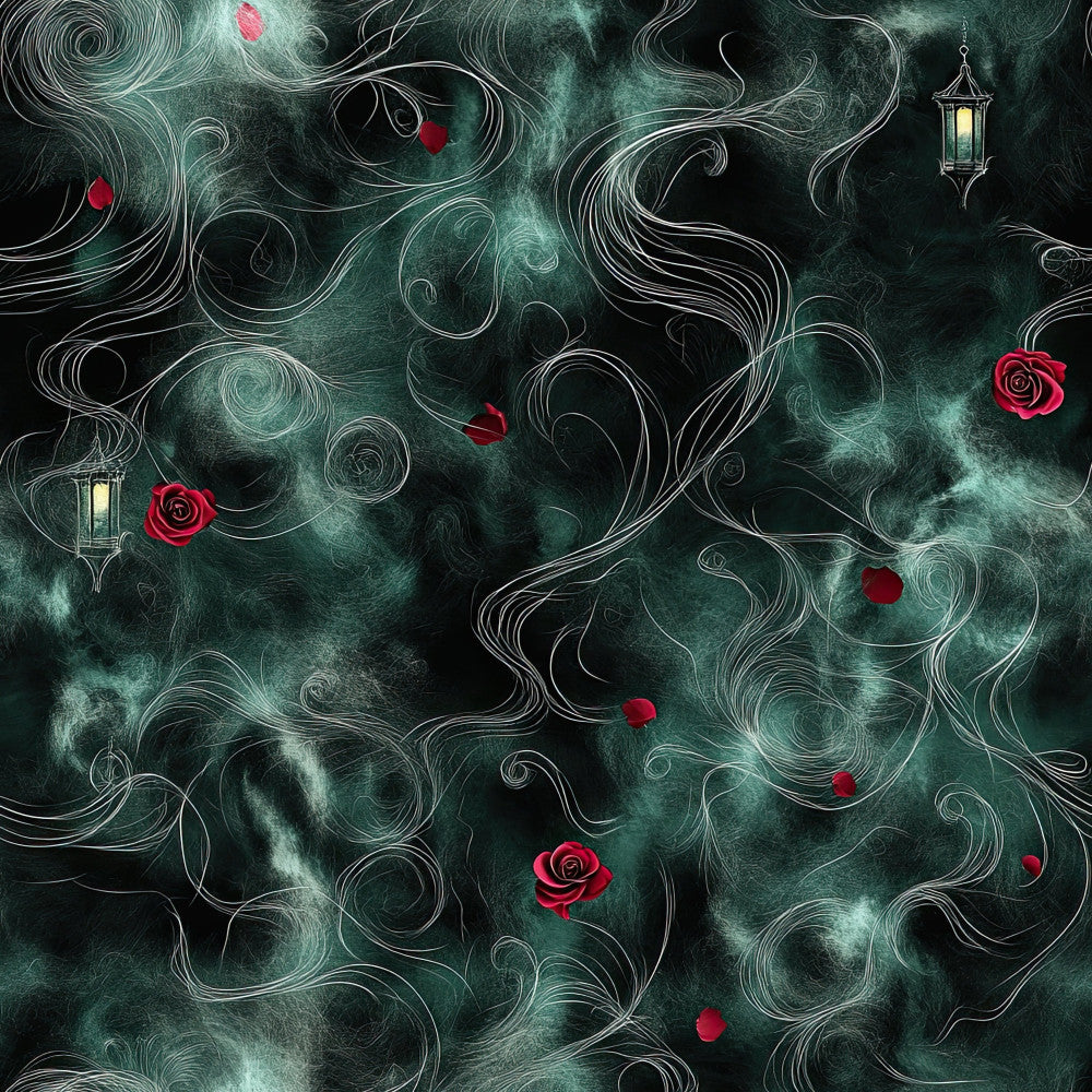 forest green, teal, emerald, deep green, crimson red, rose red, dark red, swirling patterns, ornate scrollwork, floral, roses, mystical, gothic, elegant, whimsical, romantic, vintage, dark romantic, moody, lanterns, fantasy, enchanted garden, nature-inspired, botanical, celestial mystique, dramatic, sophisticated, decorative scrolls, luxe aesthetic