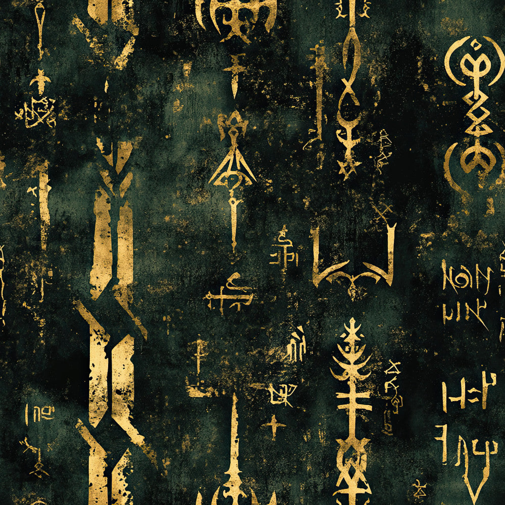 forest green, gold, deep teal, metallic gold, rune symbols, mystical, fantasy, celestial, magical, elvish script, ancient text, ornamental, decorative symbols, elegant, dark academia, witchy, mystical symbols, enchanted, otherworldly, vintage mystical, gothic fantasy, aesthetic, mysterious, whimsical magic, ethereal, ornate patterns, symbolic art, fantasy literature, middle earth inspired