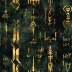 forest green, gold, deep teal, metallic gold, rune symbols, mystical, fantasy, celestial, magical, elvish script, ancient text, ornamental, decorative symbols, elegant, dark academia, witchy, mystical symbols, enchanted, otherworldly, vintage mystical, gothic fantasy, aesthetic, mysterious, whimsical magic, ethereal, ornate patterns, symbolic art, fantasy literature, middle earth inspired
