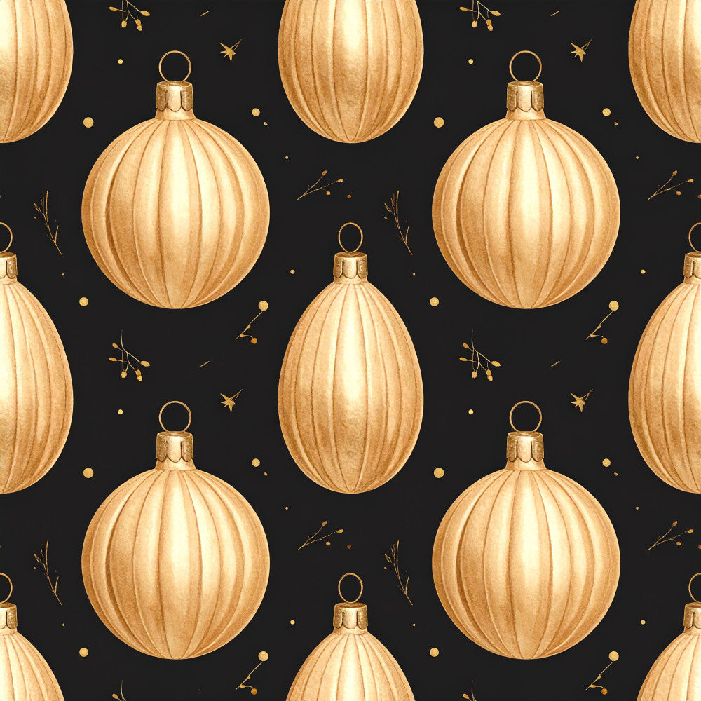 gold christmas ornaments, black background, metallic gold, champagne gold, holiday pattern, celestial theme, festive design, elegant style, luxury aesthetic, ornament motifs, decorative baubles, sparkle and shine, winter holiday, christmas theme, gold accents, sophisticated pattern, premium look, formal holiday, traditional christmas, seasonal decor, gold foil effect, ornamental design, holiday glamour, festive celebration, upscale style, christmas balls, golden shimmer, statement pattern, holiday elegance