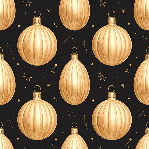 gold christmas ornaments, black background, metallic gold, champagne gold, holiday pattern, celestial theme, festive design, elegant style, luxury aesthetic, ornament motifs, decorative baubles, sparkle and shine, winter holiday, christmas theme, gold accents, sophisticated pattern, premium look, formal holiday, traditional christmas, seasonal decor, gold foil effect, ornamental design, holiday glamour, festive celebration, upscale style, christmas balls, golden shimmer, statement pattern, holiday elegance