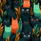 cats, feline, orange, green, teal, black, botanical, leaves, foliage, suspicious eyes, staring cats,, fabric panel, modern illustration, stylized art, pattern design, nature elements, colorful cats, whiskers, cat faces