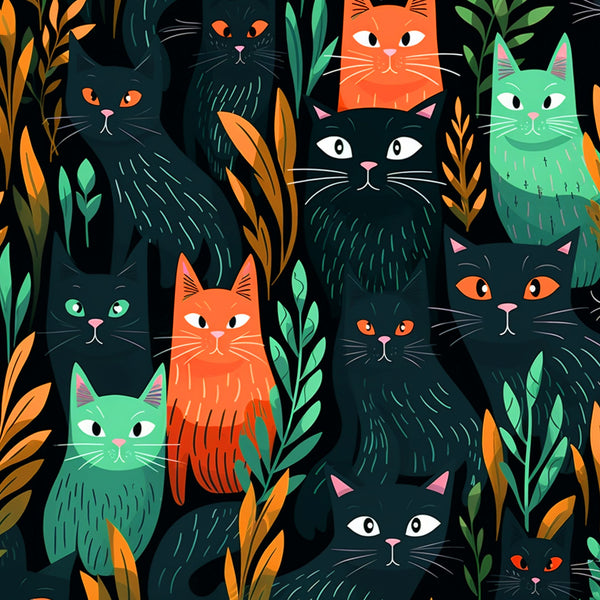 cats, feline, orange, green, teal, black, botanical, leaves, foliage, suspicious eyes, staring cats,, fabric panel, modern illustration, stylized art, pattern design, nature elements, colorful cats, whiskers, cat faces