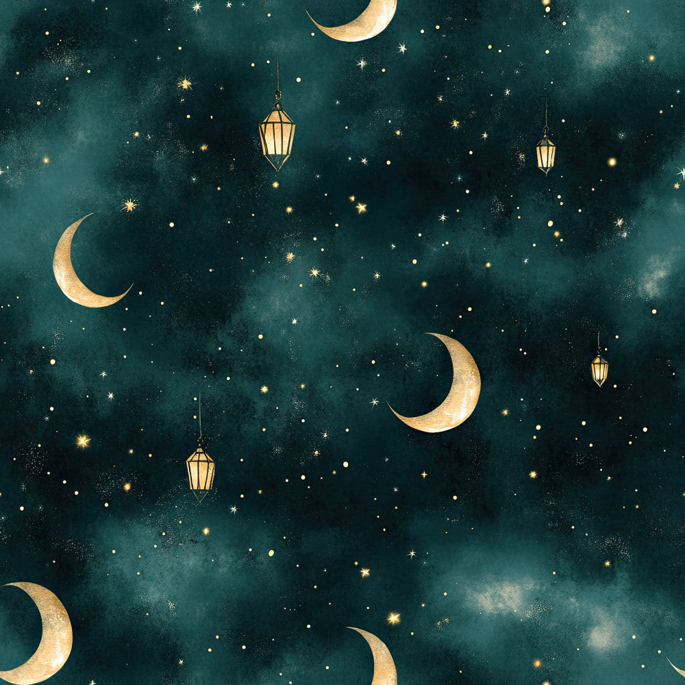 teal, forest green, dark green, gold, cream, celestial, night sky, stars, moons, lanterns, magical, whimsical, dreamy, elegant, nursery, baby blanket, plush throw, bedding, starry night, crescent moons, hanging lanterns, sparkly, nighttime, peaceful, calming, fantasy, enchanted, celestial theme, moonlight, starlight