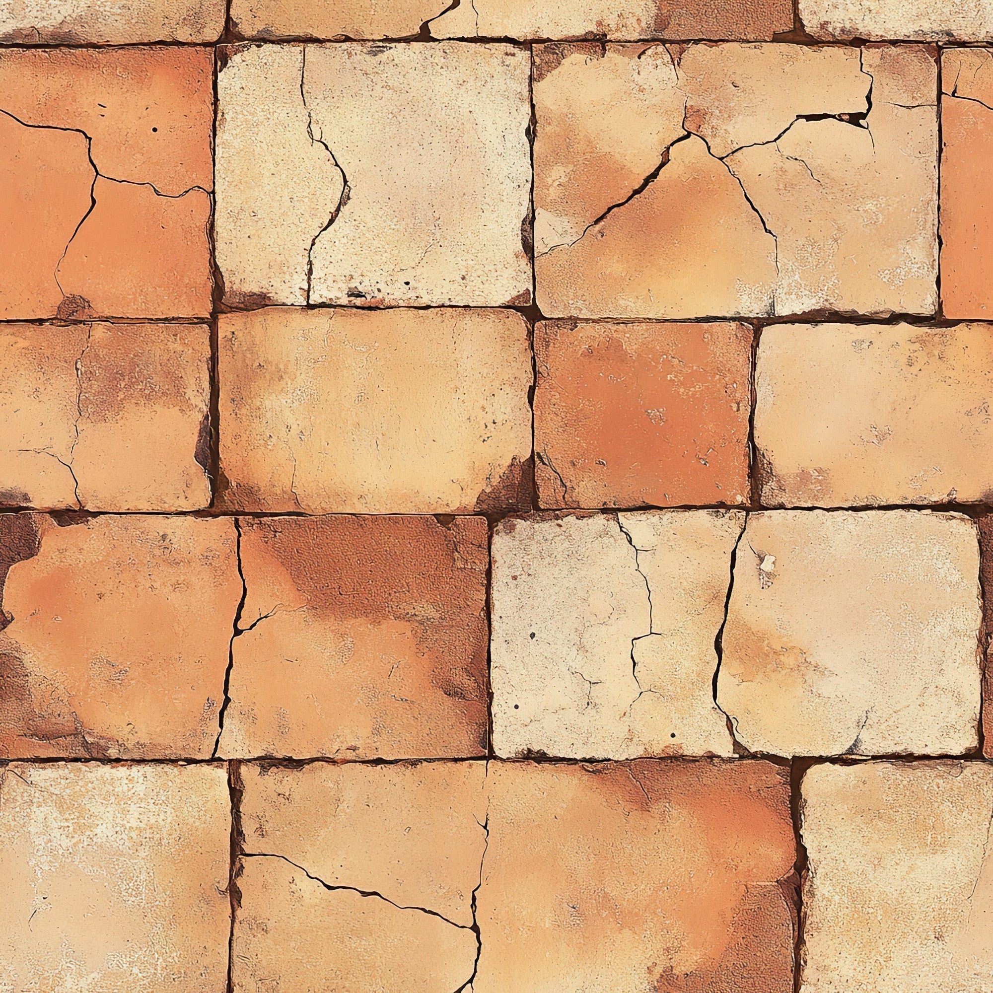 terracotta, burnt orange, cream, beige, weathered brick, cracked texture, aged stone, rustic pattern, vintage weathering, southwestern colors, earthy tones, distressed surface,, fabric panel, desert hues, adobe style, worn brick wall, textured blocks, warm palette, geometric squares