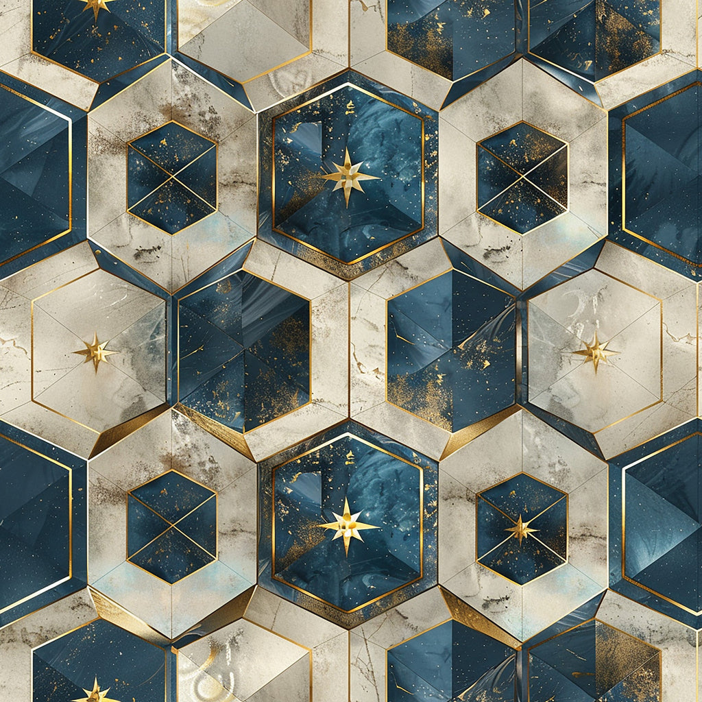 navy blue, cream white, gold accents, hexagonal pattern, geometric design, stars, celestial motifs, marble texture, metallic details,, fabric panel, luxurious, sophisticated, dimensional effect, baroque style, ornate pattern, repeating motif, premium fabric, crafting material