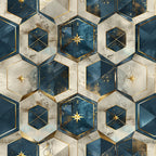 navy blue, cream white, gold accents, hexagonal pattern, geometric design, stars, celestial motifs, marble texture, metallic details,, fabric panel, luxurious, sophisticated, dimensional effect, baroque style, ornate pattern, repeating motif, premium fabric, crafting material