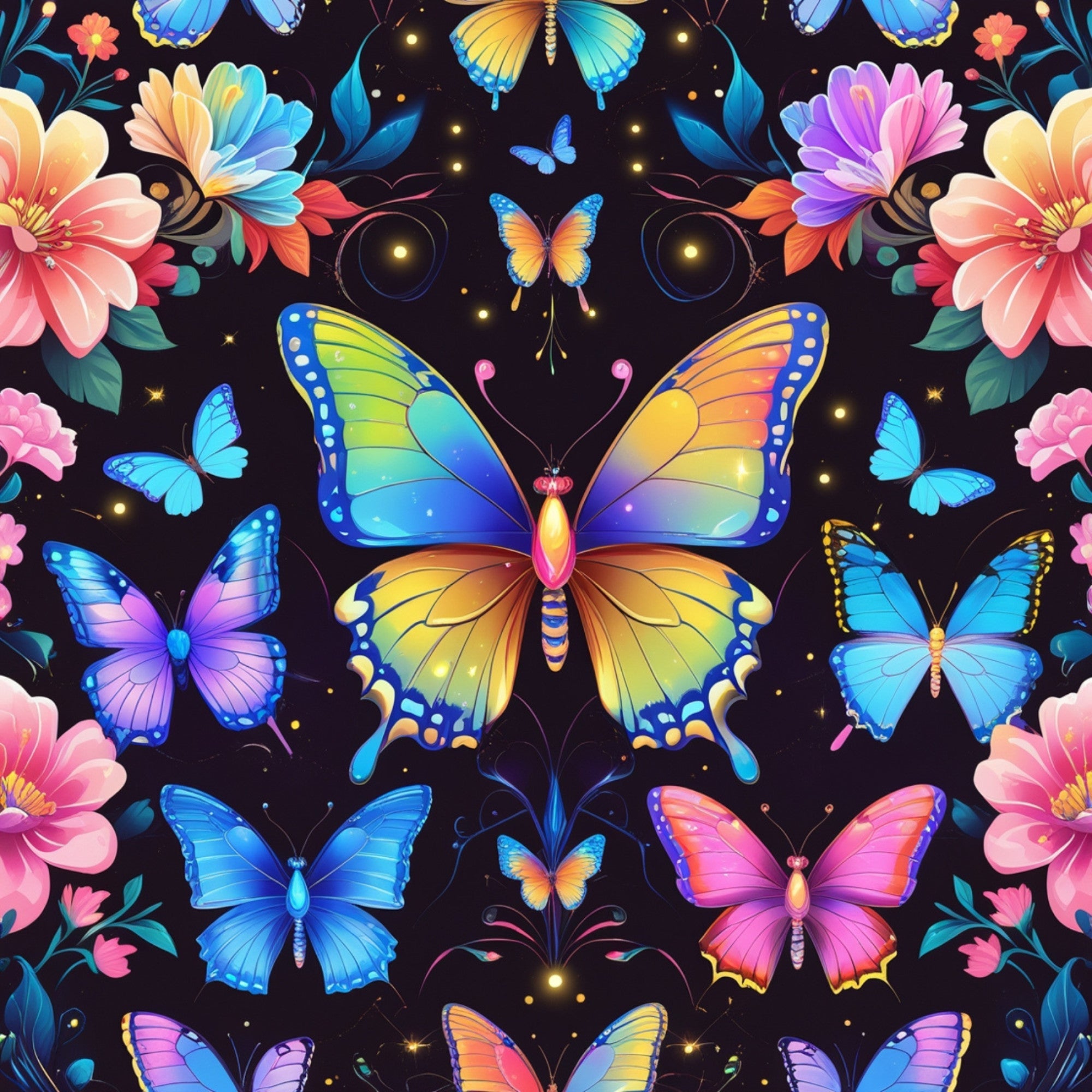 fantasy butterflies,, fabric panel, vibrant colors, rainbow wings, floral motifs, black background, blue butterflies, pink flowers, purple blooms, orange gradients, yellow accents, magical design, whimsical pattern, nature theme, spring motifs, colorful insects, decorative florals, bright palette, enchanted garden