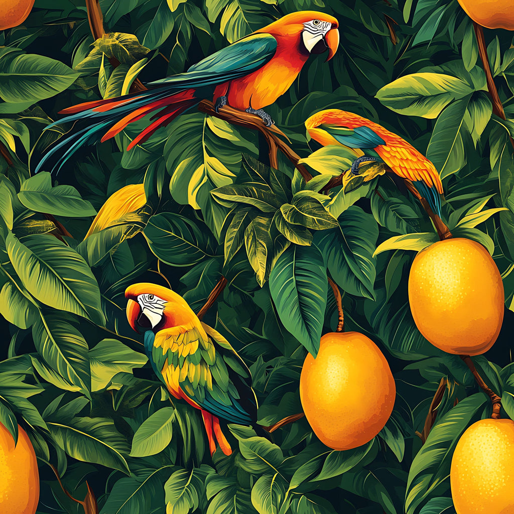 tropical parrots, macaw birds, mango fruit, orange mangoes, vibrant green foliage, lush leaves, tropical pattern, jungle scene, exotic birds, botanical design, orange yellow green,, fabric panel, tropical paradise, rainforest theme, bright colorful, nature motif, seamless repeat, wildlife illustration, tropical fruit