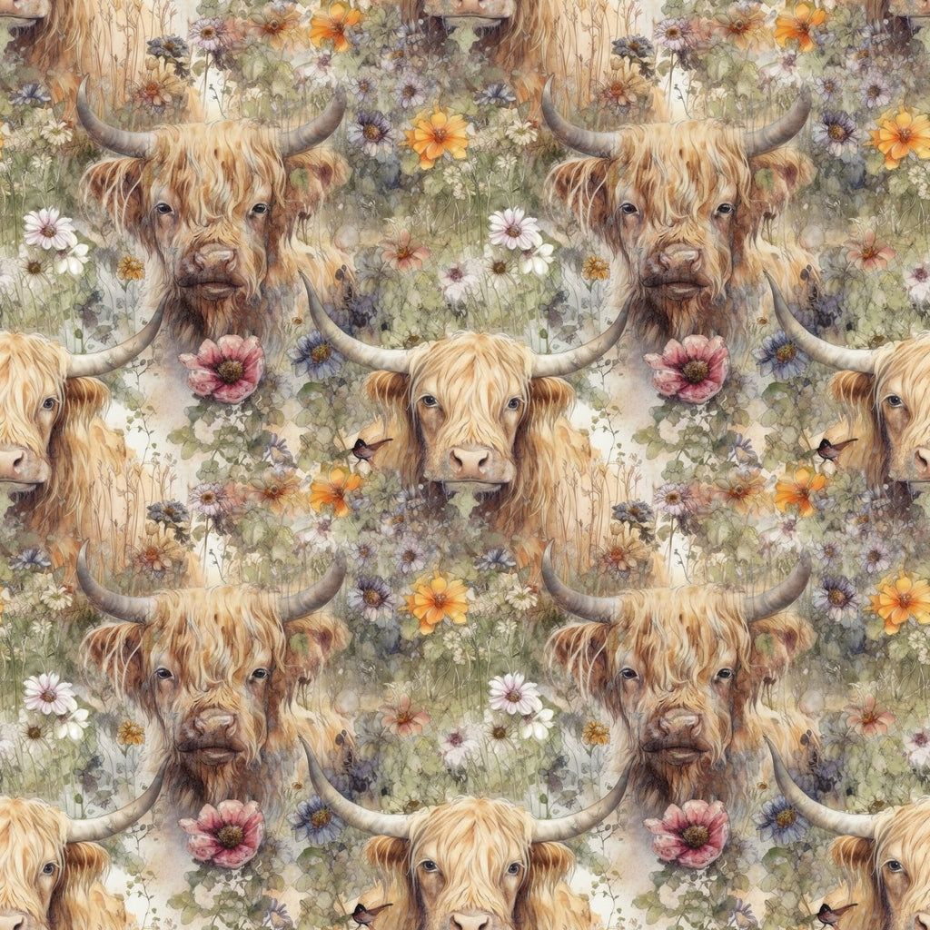 highland cows, floral pattern,, fabric panel, allover design, wildflowers, pastoral scene, watercolor style, earth tones, cream background, orange blooms, pink flowers, purple blossoms, rustic charm, farm animals, long horned cattle, shaggy fur, meadow flowers, country theme, repeating motif
