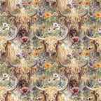 highland cows, floral pattern,, fabric panel, allover design, wildflowers, pastoral scene, watercolor style, earth tones, cream background, orange blooms, pink flowers, purple blossoms, rustic charm, farm animals, long horned cattle, shaggy fur, meadow flowers, country theme, repeating motif