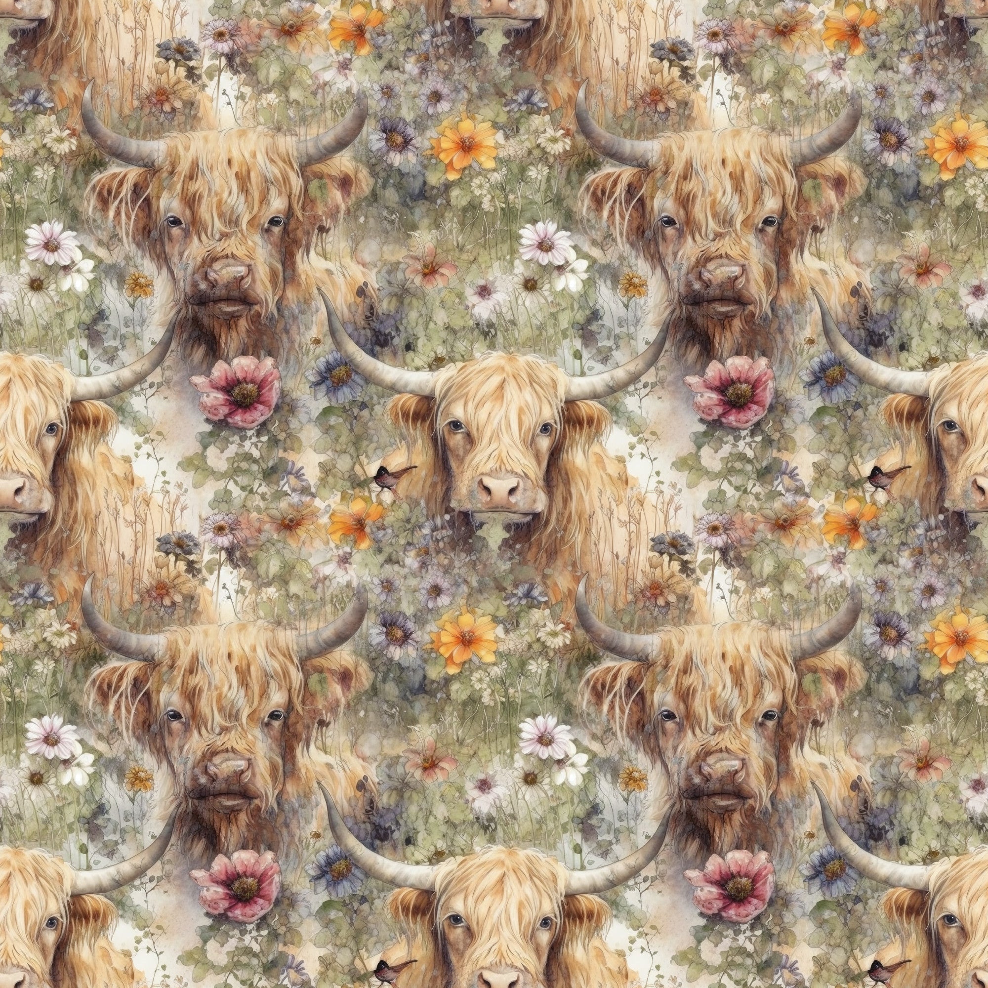 highland cows, floral pattern,, fabric panel, allover design, wildflowers, pastoral scene, watercolor style, earth tones, cream background, orange blooms, pink flowers, purple blossoms, rustic charm, farm animals, long horned cattle, shaggy fur, meadow flowers, country theme, repeating motif