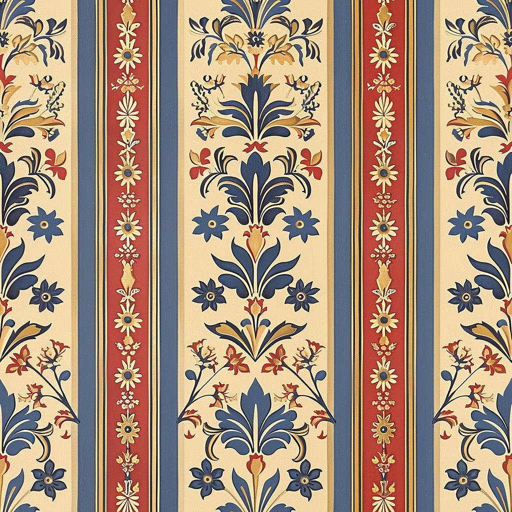 medieval french pattern,, fabric panel, vertical stripes, floral motifs, damask design, navy blue, burgundy red, cream beige, golden yellow, ornate florals, decorative borders, european inspired, baroque elements, symmetrical pattern, textile design, repeating motifs, elegant scrollwork, historical reproduction, crafting fabric