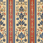 medieval french pattern,, fabric panel, vertical stripes, floral motifs, damask design, navy blue, burgundy red, cream beige, golden yellow, ornate florals, decorative borders, european inspired, baroque elements, symmetrical pattern, textile design, repeating motifs, elegant scrollwork, historical reproduction, crafting fabric