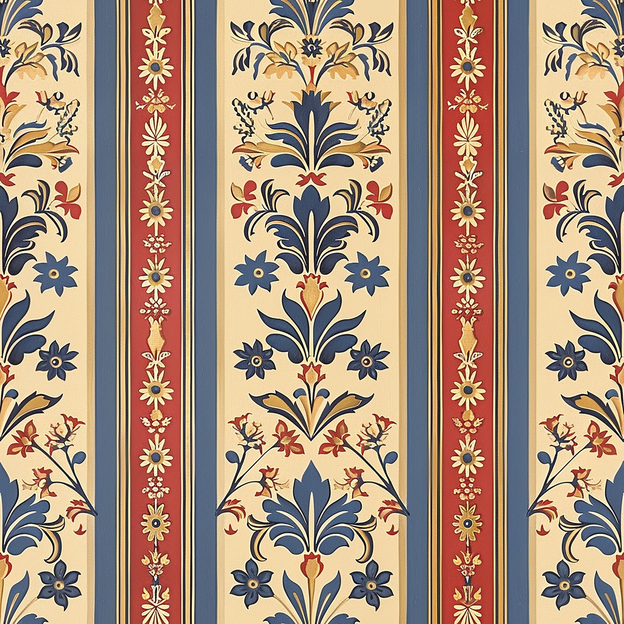 medieval french pattern,, fabric panel, vertical stripes, floral motifs, damask design, navy blue, burgundy red, cream beige, golden yellow, ornate florals, decorative borders, european inspired, baroque elements, symmetrical pattern, textile design, repeating motifs, elegant scrollwork, historical reproduction, crafting fabric