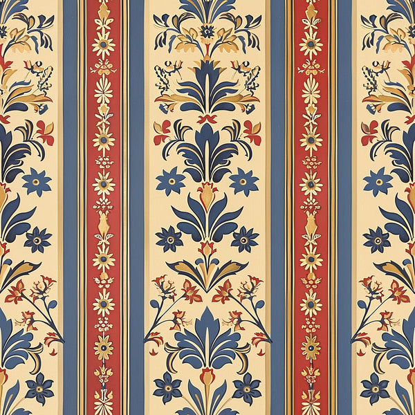 medieval french pattern,, fabric panel, vertical stripes, floral motifs, damask design, navy blue, burgundy red, cream beige, golden yellow, ornate florals, decorative borders, european inspired, baroque elements, symmetrical pattern, textile design, repeating motifs, elegant scrollwork, historical reproduction, crafting fabric