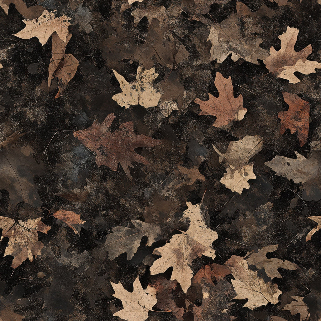 realistic camouflage, hunting camo, autumn leaves, fallen leaves, oak leaves, maple leaves, brown tones, tan colors, beige hues, dark brown, forest floor, woodland pattern, outdoor theme, nature design,, fabric panel, camouflage print, leaf litter, earthy colors, hunting motif
