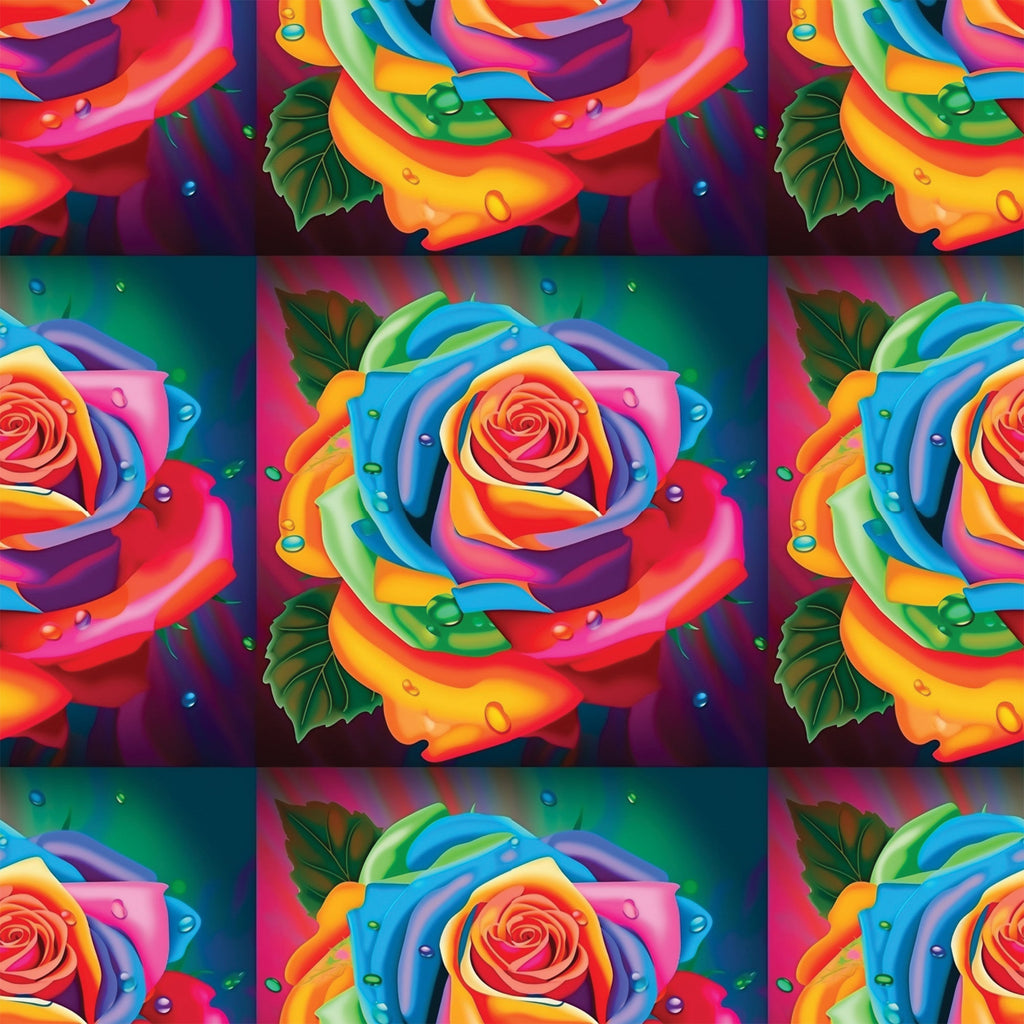 rainbow roses, multicolored flowers, vibrant petals, water droplets, green leaves, red, orange, yellow, blue, purple, pink, floral pattern, botanical design,, fabric panel, bright colors, decorative roses, artistic flowers, nature motif, crafting material