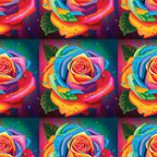 rainbow roses, multicolored flowers, vibrant petals, water droplets, green leaves, red, orange, yellow, blue, purple, pink, floral pattern, botanical design,, fabric panel, bright colors, decorative roses, artistic flowers, nature motif, crafting material