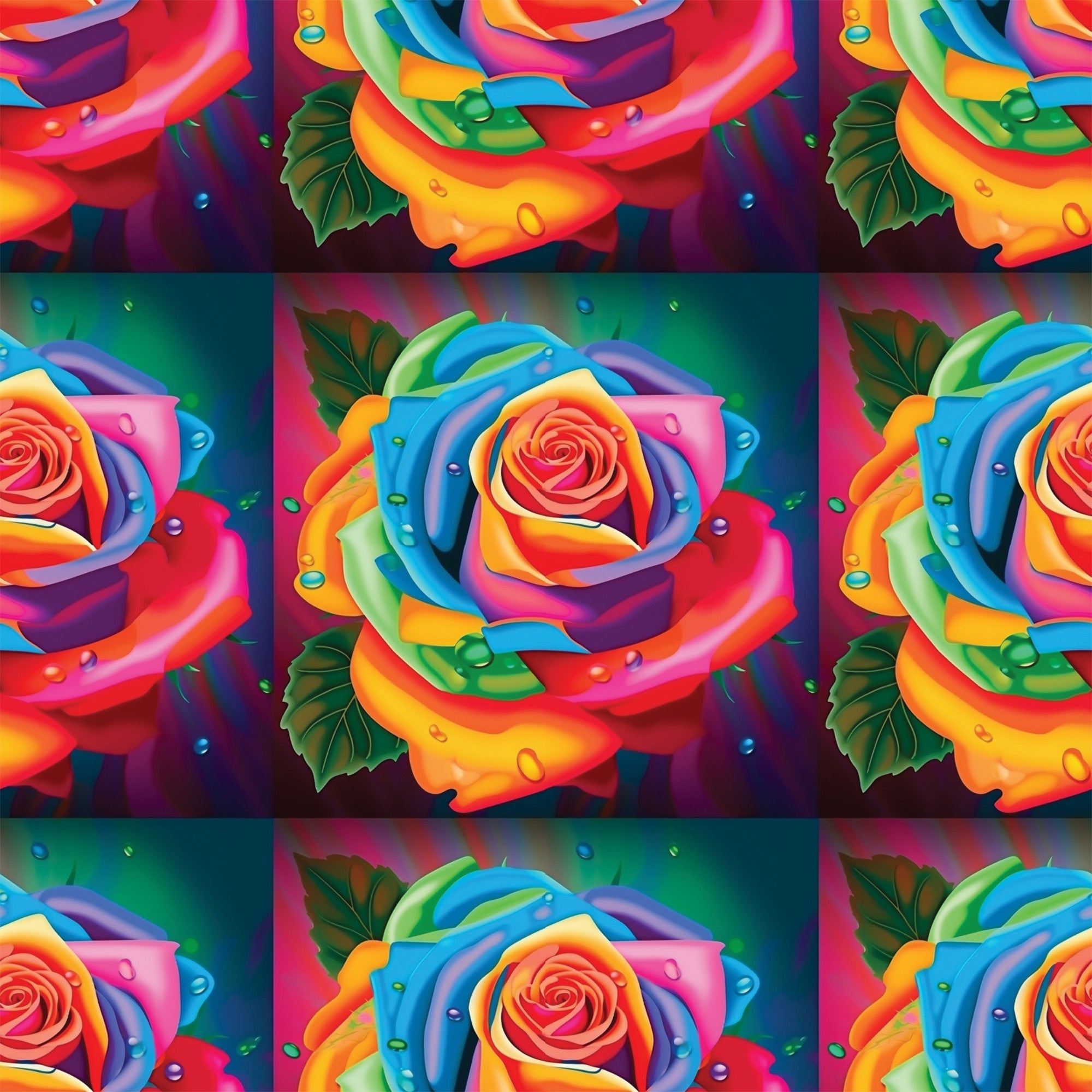 rainbow roses, multicolored flowers, vibrant petals, water droplets, green leaves, red, orange, yellow, blue, purple, pink, floral pattern, botanical design,, fabric panel, bright colors, decorative roses, artistic flowers, nature motif, crafting material