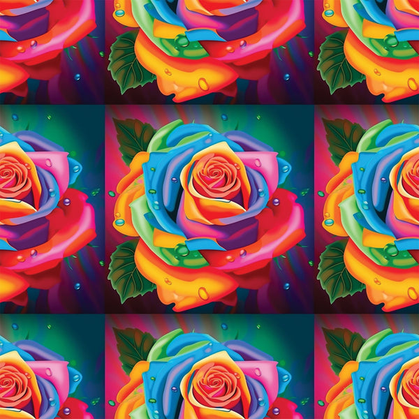 rainbow roses, multicolored flowers, vibrant petals, water droplets, green leaves, red, orange, yellow, blue, purple, pink, floral pattern, botanical design,, fabric panel, bright colors, decorative roses, artistic flowers, nature motif, crafting material