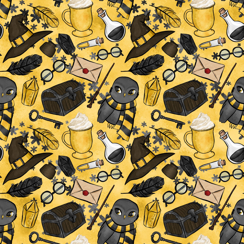 mustard yellow, golden yellow, wizard themed, magic school, owl character, witch hat, potion bottles, treasure chest, quill feathers, round glasses, lantern, envelope, magic wand, key, cauldron mug, whimsical illustration, cartoon style, repeating pattern,, fabric panel, mystical elements, school supplies, magical accessories