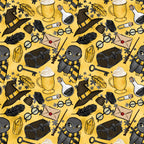 mustard yellow, golden yellow, wizard themed, magic school, owl character, witch hat, potion bottles, treasure chest, quill feathers, round glasses, lantern, envelope, magic wand, key, cauldron mug, whimsical illustration, cartoon style, repeating pattern,, fabric panel, mystical elements, school supplies, magical accessories