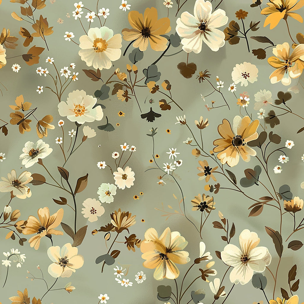 sage green, cream flowers, golden yellow, brown leaves, floral pattern, botanical design, wildflowers, delicate blooms, vintage style, cottagecore aesthetic,, fabric panel, autumn colors, scattered florals, whimsical flowers, soft pastels, nature motif, romantic florals, muted tones