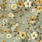 sage green, cream flowers, golden yellow, brown leaves, floral pattern, botanical design, wildflowers, delicate blooms, vintage style, cottagecore aesthetic,, fabric panel, autumn colors, scattered florals, whimsical flowers, soft pastels, nature motif, romantic florals, muted tones