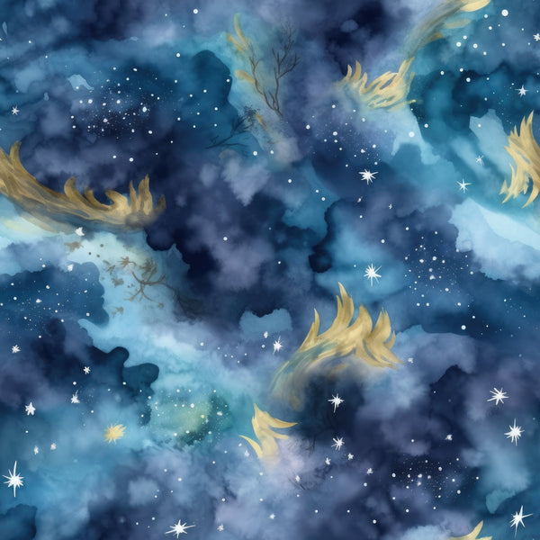 navy blue, deep blue, turquoise, golden yellow, white stars, night sky, celestial, cosmic clouds, nebula pattern, swirling design, astronomical, dreamy atmosphere,, fabric panel, starfield, wispy clouds, ethereal, mystical, space theme, flowing elements