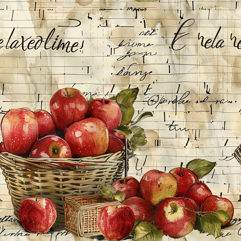 red apples, wicker baskets, handwritten text, vintage script, musical notes, sheet music background, farm fresh, apple harvest, rustic style, country theme,, fabric panel, botanical leaves, green foliage, antique paper, sepia tones, cream background, orchard scene, autumn harvest, cottage core