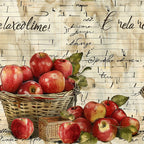 red apples, wicker baskets, handwritten text, vintage script, musical notes, sheet music background, farm fresh, apple harvest, rustic style, country theme,, fabric panel, botanical leaves, green foliage, antique paper, sepia tones, cream background, orchard scene, autumn harvest, cottage core