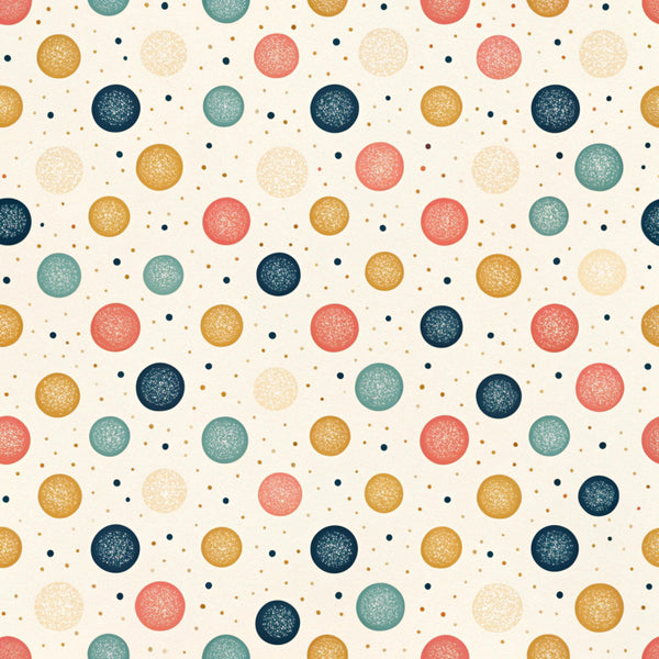 navy blue, coral pink, golden yellow, cream, teal, polka dots, geometric, modern, whimsical, celestial, scattered dots, bubbles, playful, cheerful, gender neutral, nursery, kids room, playroom, baby shower, contemporary, fun, colorful, multi-color, textured dots, sparkly, glitter effect, cute, child-friendly, decorative circles