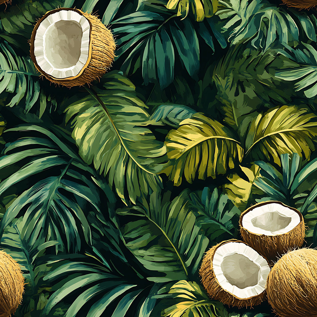 tropical leaves, coconut halves, jungle pattern, green foliage, brown coconuts, white coconut flesh, palm fronds, botanical design, lush greenery,, fabric panel, tropical theme, nature motif, emerald green, forest green, lime green, golden yellow, brown tones, exotic plants, rainforest vibes