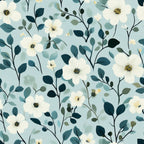 cornflower blue, sage green, cream white, floral pattern, botanical design, delicate flowers, leafy branches, nature motif,, fabric panel, soft pastels, watercolor style, spring flowers, garden theme, romantic florals, whimsical blooms, organic shapes, feminine design, crafting material