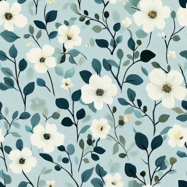 cornflower blue, sage green, cream white, floral pattern, botanical design, delicate flowers, leafy branches, nature motif,, fabric panel, soft pastels, watercolor style, spring flowers, garden theme, romantic florals, whimsical blooms, organic shapes, feminine design, crafting material