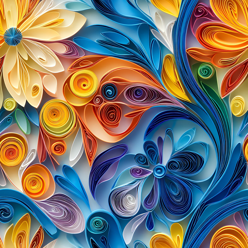 abstract, paper quilling, swirls, spirals, yellow, orange, blue, purple, teal, white, floral motifs, layered design, dimensional effect, rolled paper art, vibrant colors, flowing curves, decorative swirls,, fabric panel, artistic pattern, colorful blooms, curved lines, modern art style