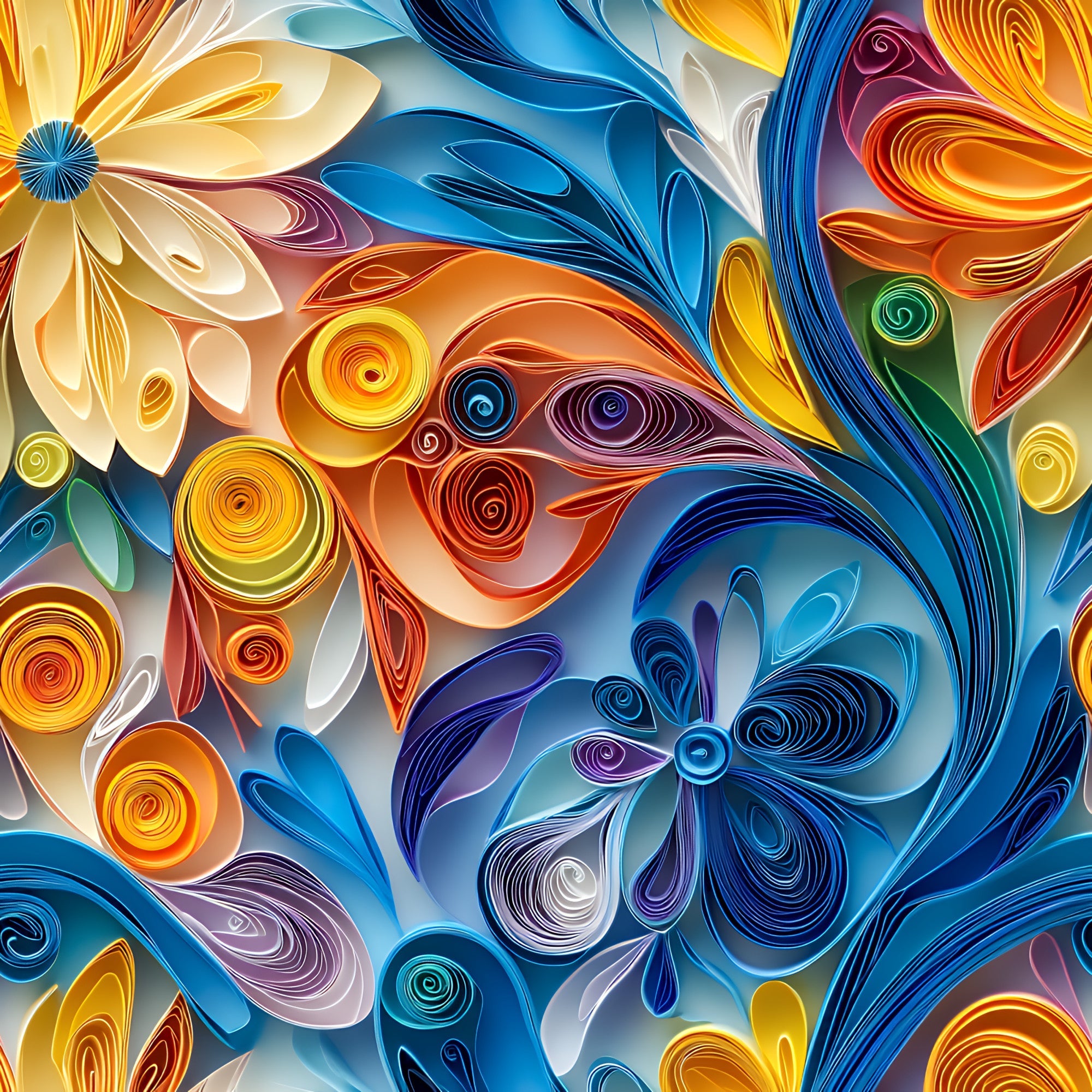 abstract, paper quilling, swirls, spirals, yellow, orange, blue, purple, teal, white, floral motifs, layered design, dimensional effect, rolled paper art, vibrant colors, flowing curves, decorative swirls,, fabric panel, artistic pattern, colorful blooms, curved lines, modern art style