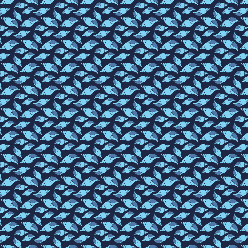 navy blue, light blue, aqua, seashells, conch shells, spiral shells, ocean theme, nautical pattern, marine life, sea creatures, geometric arrangement, repeating pattern,, fabric panel, coastal design, beach motif, underwater theme, blue tones, shell collection, maritime style