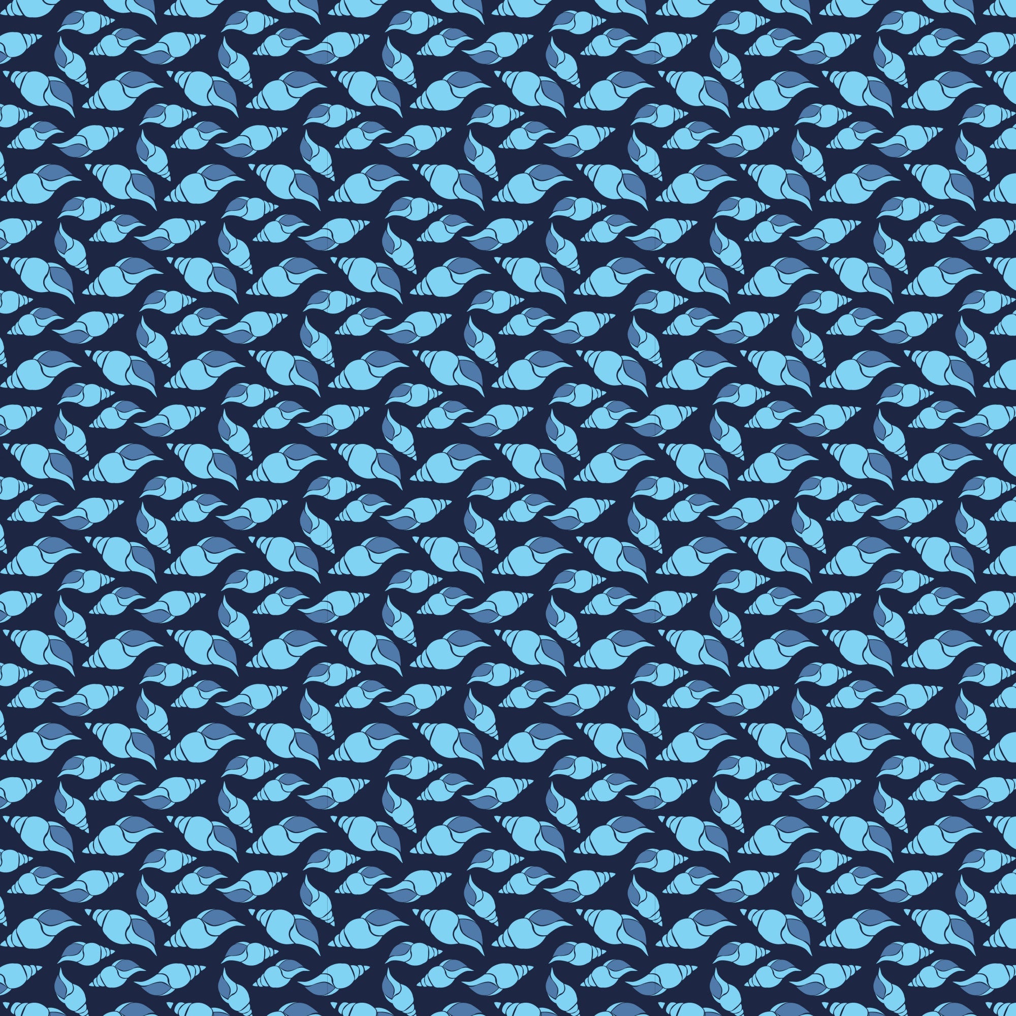navy blue, light blue, aqua, seashells, conch shells, spiral shells, ocean theme, nautical pattern, marine life, sea creatures, geometric arrangement, repeating pattern,, fabric panel, coastal design, beach motif, underwater theme, blue tones, shell collection, maritime style