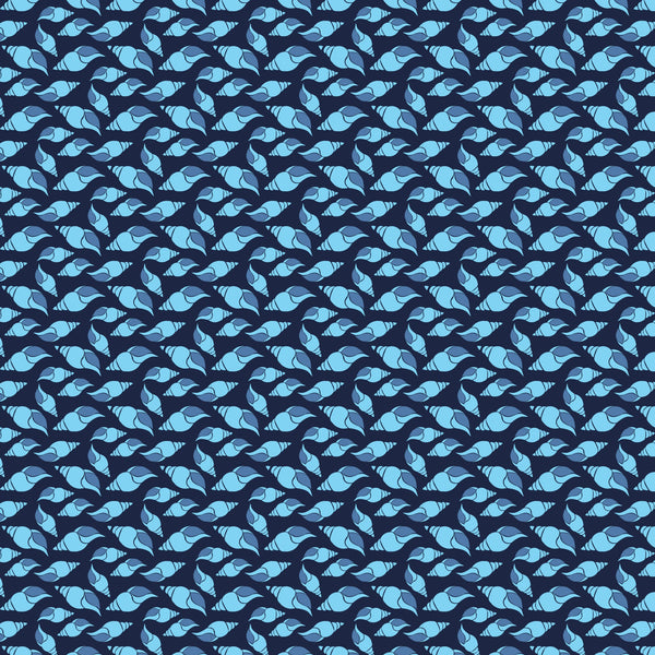 navy blue, light blue, aqua, seashells, conch shells, spiral shells, ocean theme, nautical pattern, marine life, sea creatures, geometric arrangement, repeating pattern,, fabric panel, coastal design, beach motif, underwater theme, blue tones, shell collection, maritime style