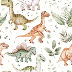 watercolor dinosaurs, prehistoric creatures, soft pastels, muted greens, peachy orange, dusty pink, sage green, botanical foliage, ferns, leaves, scattered dots, whimsical illustration, children's fabric,, fabric panel, gentle artwork, nursery theme, playful dinosaurs, nature elements, seamless pattern