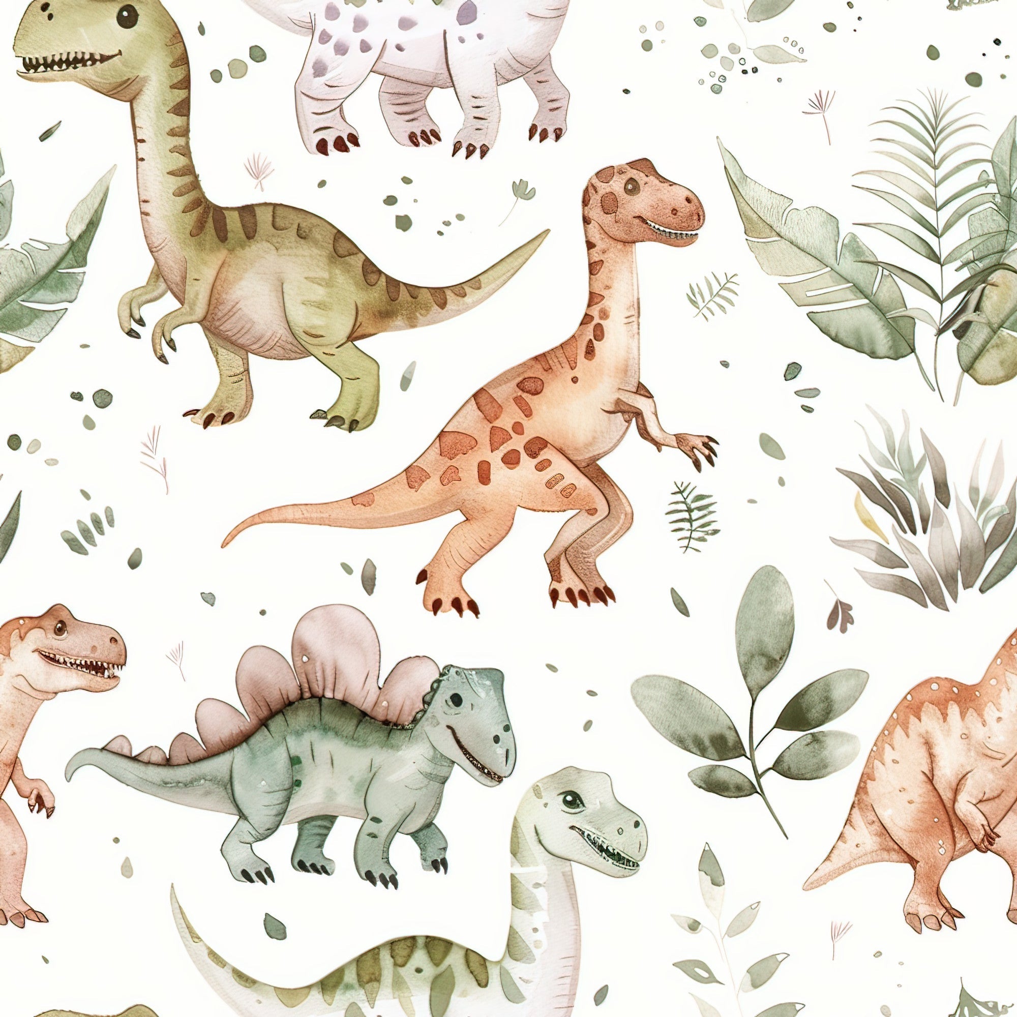 watercolor dinosaurs, prehistoric creatures, soft pastels, muted greens, peachy orange, dusty pink, sage green, botanical foliage, ferns, leaves, scattered dots, whimsical illustration, children's fabric,, fabric panel, gentle artwork, nursery theme, playful dinosaurs, nature elements, seamless pattern