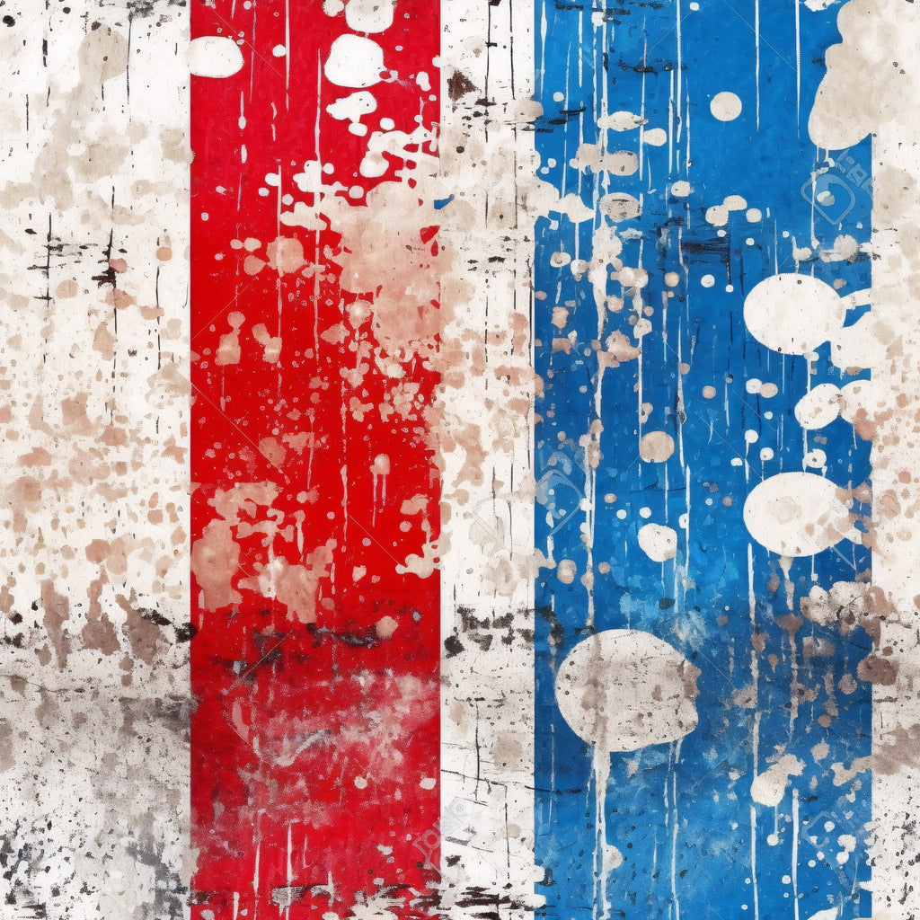 red, white, blue, distressed, weathered, vintage, patriotic, americana, paint splatter, drips, worn texture, aged appearance, vertical stripes, abstract, rustic,, fabric panel, grunge style, faded paint, americana theme