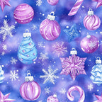 purple, pink, magenta, blue, periwinkle, lavender, crystalline blue, ornaments, baubles, snowflakes, candy canes, star ornaments, christmas, holiday, winter, festive, whimsical, playful, sparkly, shiny, elegant, magical, enchanted, celestial, iridescent, kids, children, nursery, playroom, girls room
