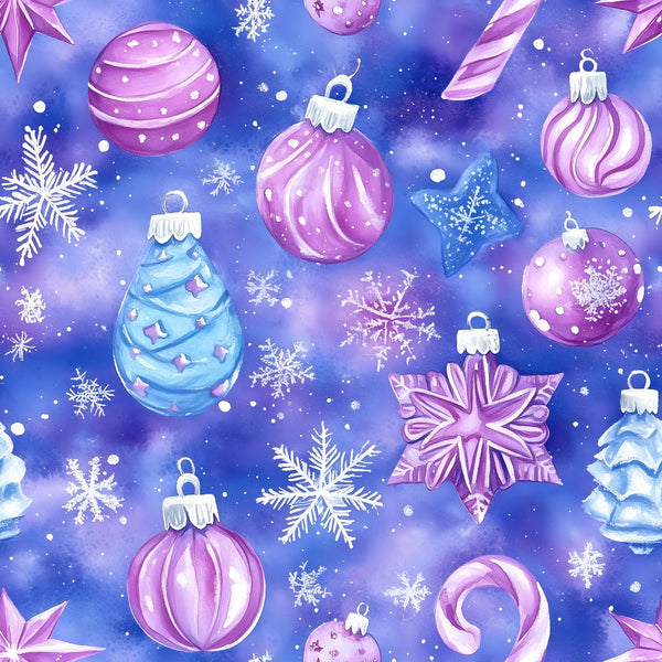 purple, pink, magenta, blue, periwinkle, lavender, crystalline blue, ornaments, baubles, snowflakes, candy canes, star ornaments, christmas, holiday, winter, festive, whimsical, playful, sparkly, shiny, elegant, magical, enchanted, celestial, iridescent, kids, children, nursery, playroom, girls room