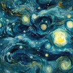 navy blue, deep blue, yellow, golden yellow, white dots, swirling patterns, spiral motifs, starry sky, night scene, celestial design, impressionist style, dreamy atmosphere, van gogh inspired, cosmic swirls,, fabric panel, artistic print, flowing brushstrokes, luminous stars, nocturnal theme